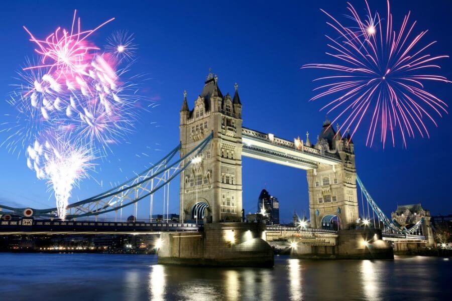 Image of tower bridge with fireworks