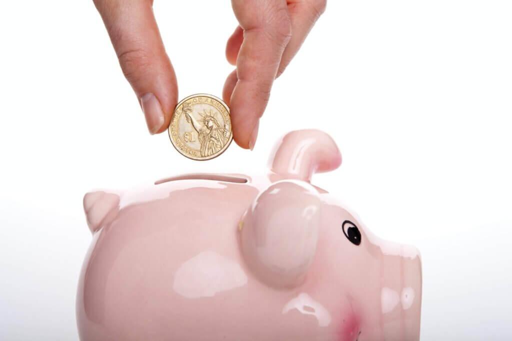 A pink pig piggy bank with money being put inside on a white background