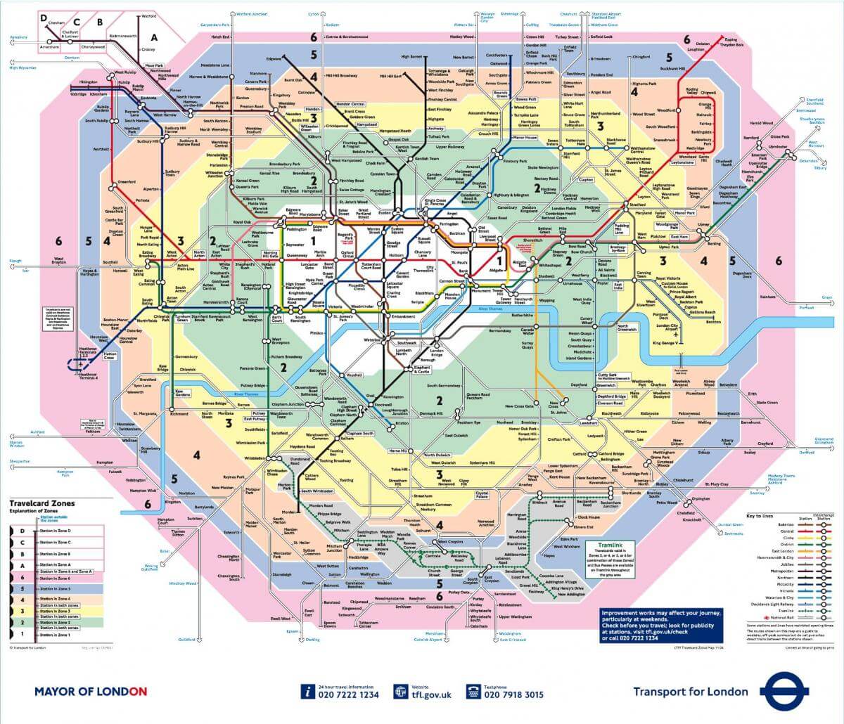 A map of the TFL train lines in London, with coloured overlays showing the different travelcard zones.
